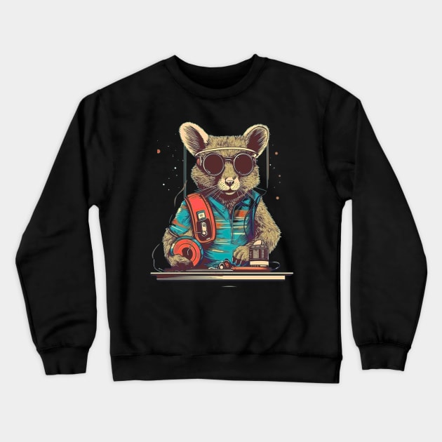 Cool DJ Mouse with Sunglasses and Disc Crewneck Sweatshirt by Unelmoija